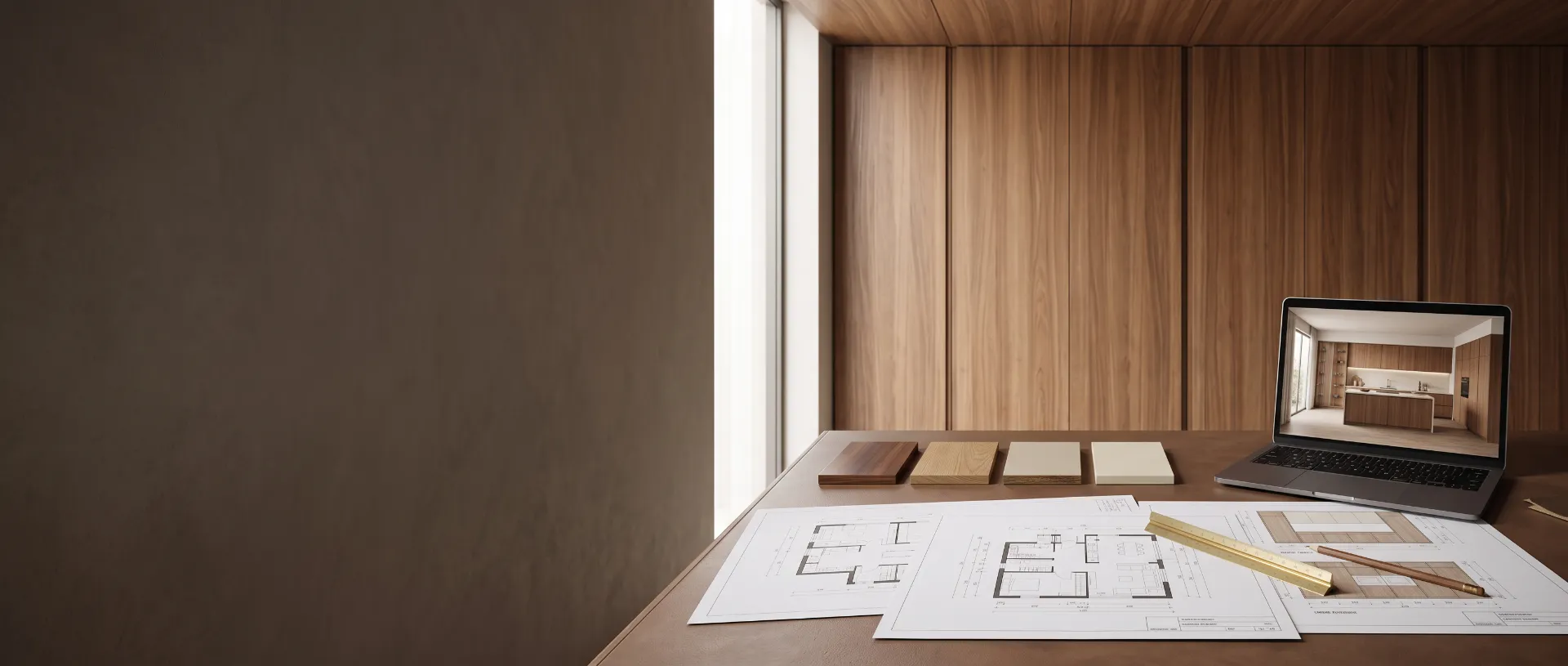 Interior designer's desk with floor plans, veneer samples and a kitchen rendering