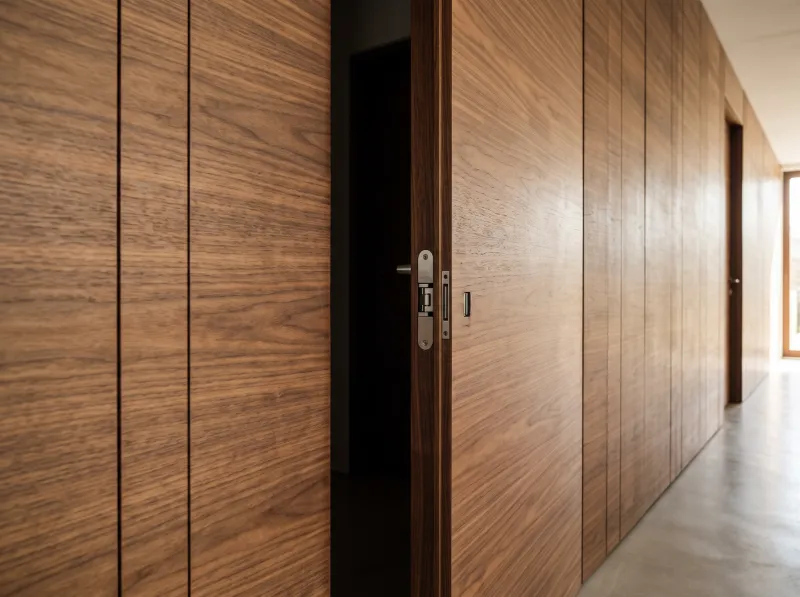 Flush walnut door slightly open in a panelled wall