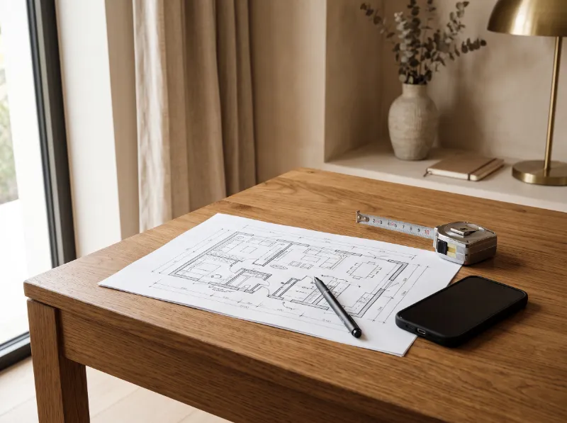 Floor plan with notes, a tape measure and a phone on a desk