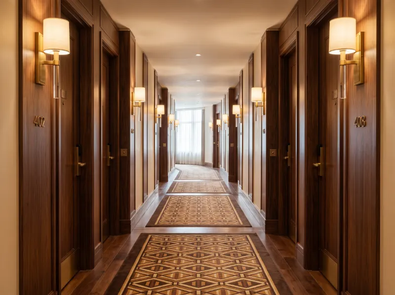 Hotel corridor with walnut guest-room doors and wall panels