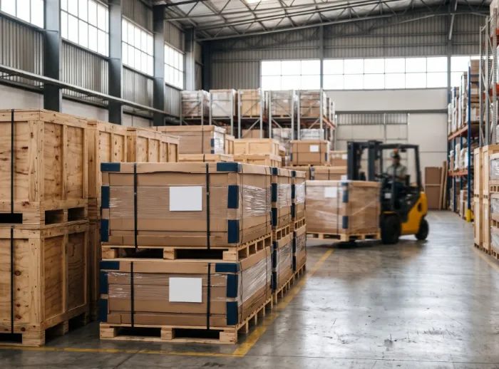 Crated millwork on pallets in a warehouse ready for export