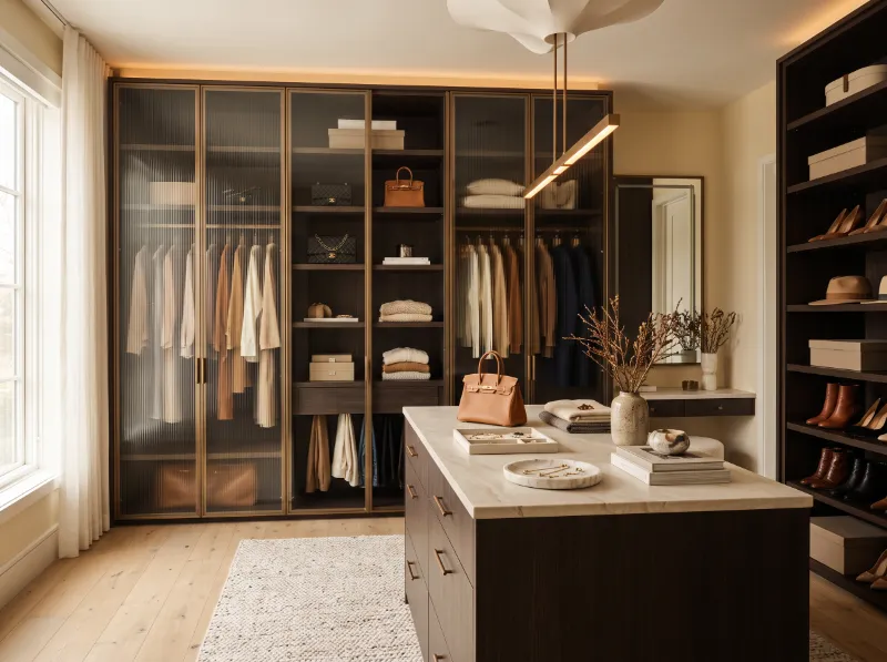 Dressing room with bronze glass wardrobes and an island