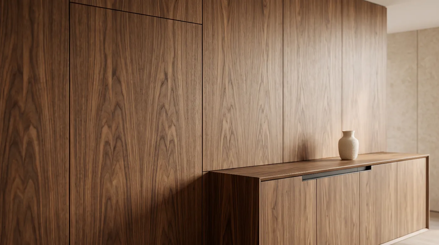Matched walnut veneer running across a door, wall panels and a cabinet