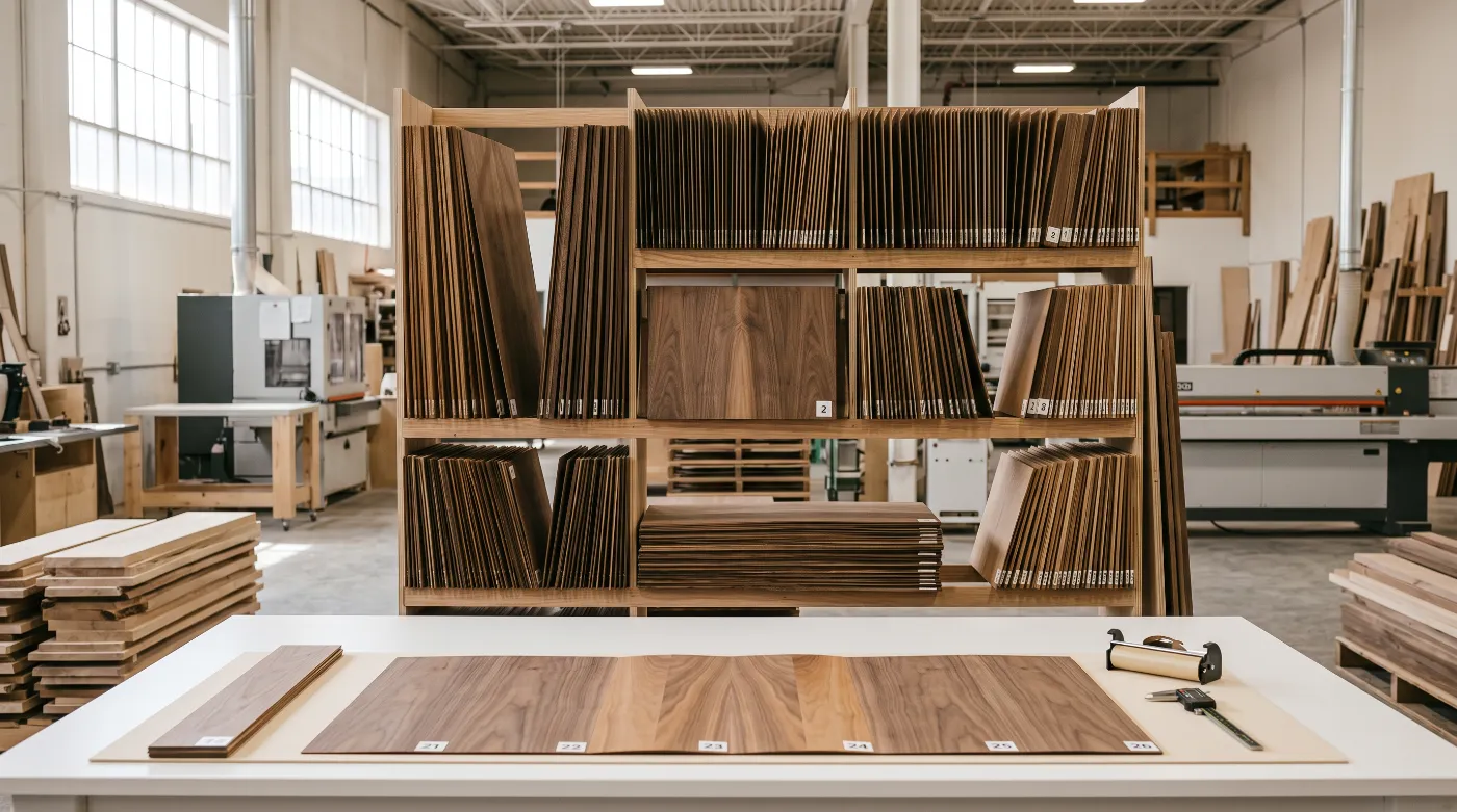 Veneer sheets numbered in sequence on a workshop rack