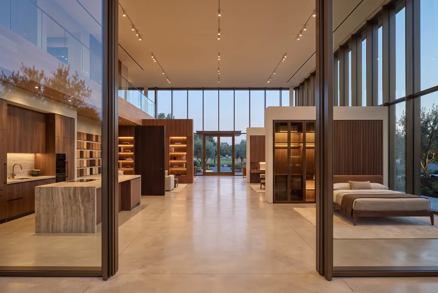 Inside the George Group showroom: kitchen, wall panel, wardrobe and bedroom room sets along a central aisle