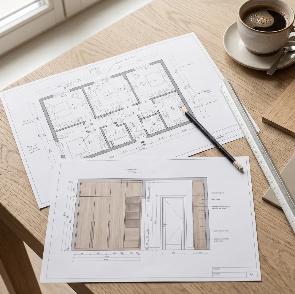 Floor plan and cabinet elevation drawings on an oak desk with a pencil, ruler and coffee