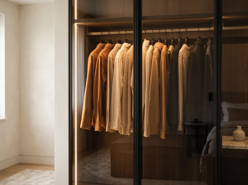 Bronze glass wardrobe door with internal LED lighting