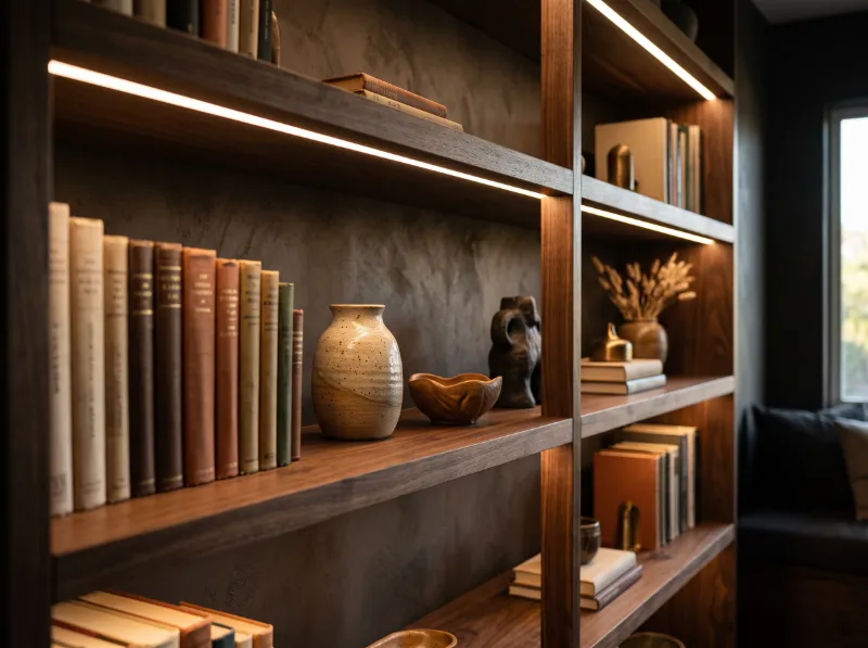 Walnut shelves with integrated warm LED profiles