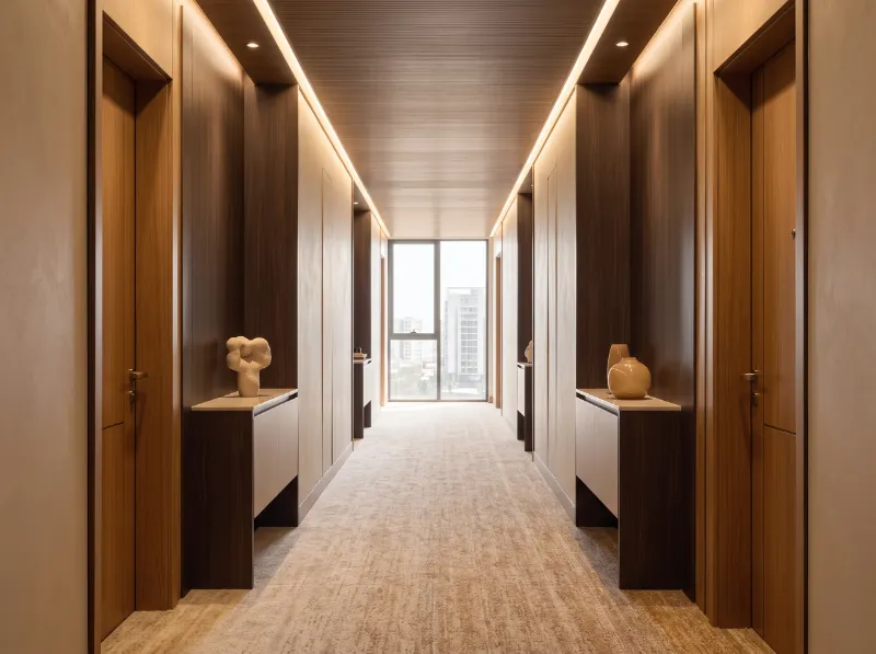 Residential corridor with timber doors and wall panels, Ethiopia