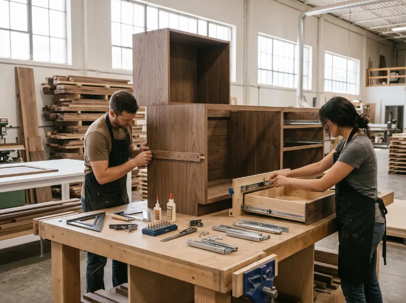 Workers assembling a walnut kitchen cabinet with soft-close drawers