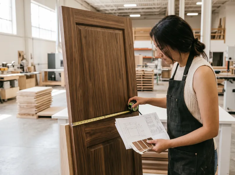 Inspector checking a walnut door against its production drawing