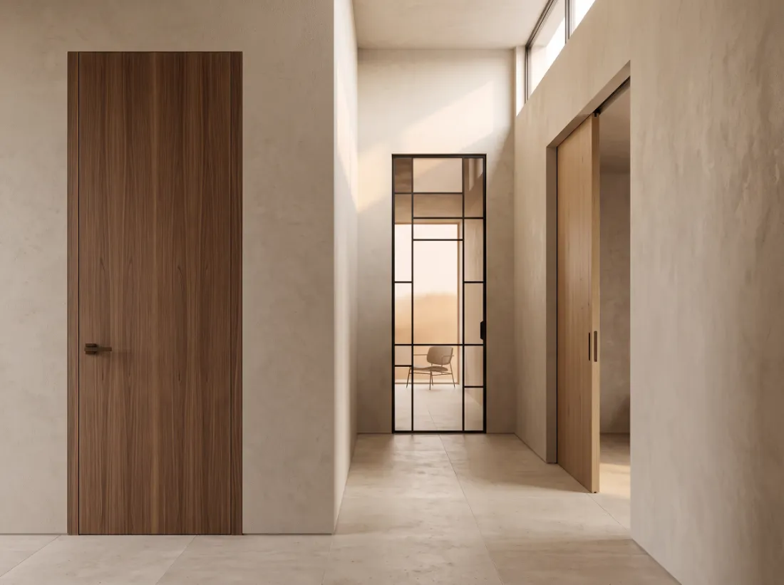 Villa corridor with a flush walnut door, a glass pivot door and an oak sliding door