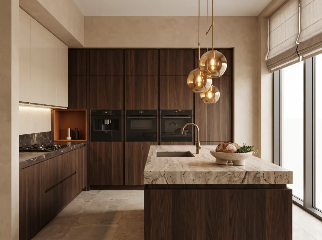 Walnut kitchen with tall units and a smoked oak island with travertine top
