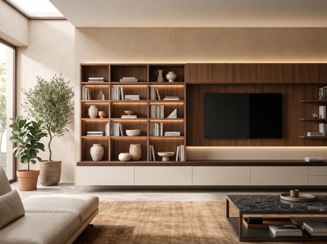 Living room with a full-wall walnut bookcase and TV wall