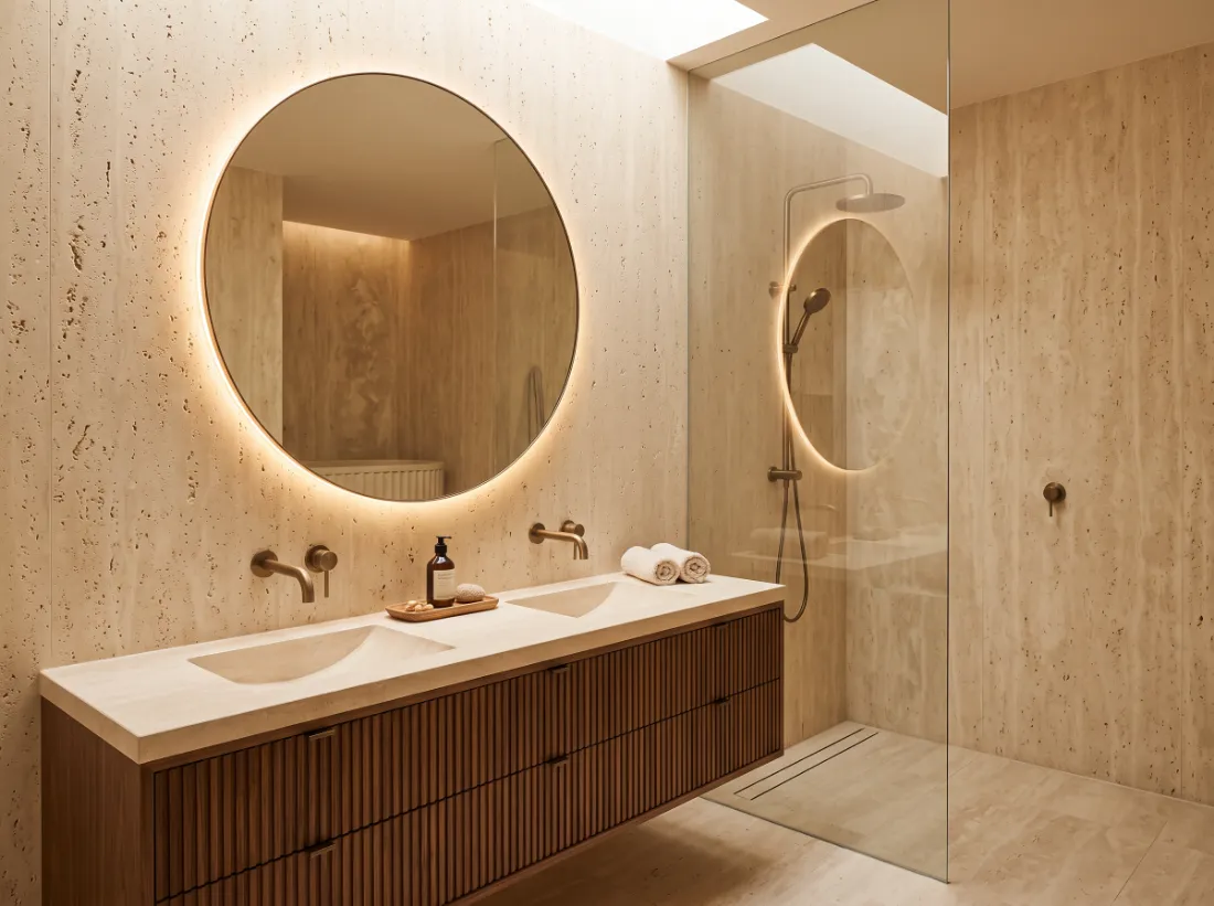 Floating fluted walnut vanity with travertine top and round backlit mirror