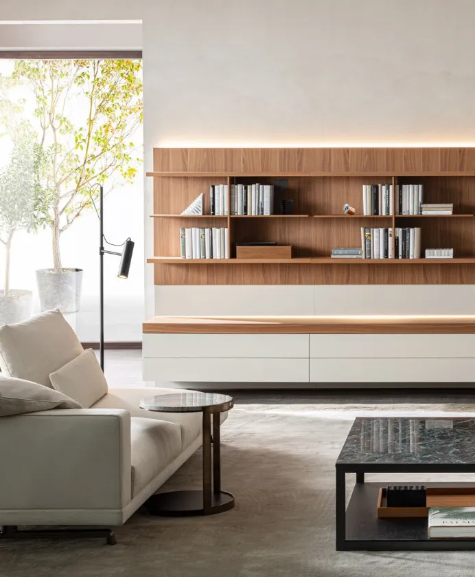 Living room with wooden bookcase and low TV unit