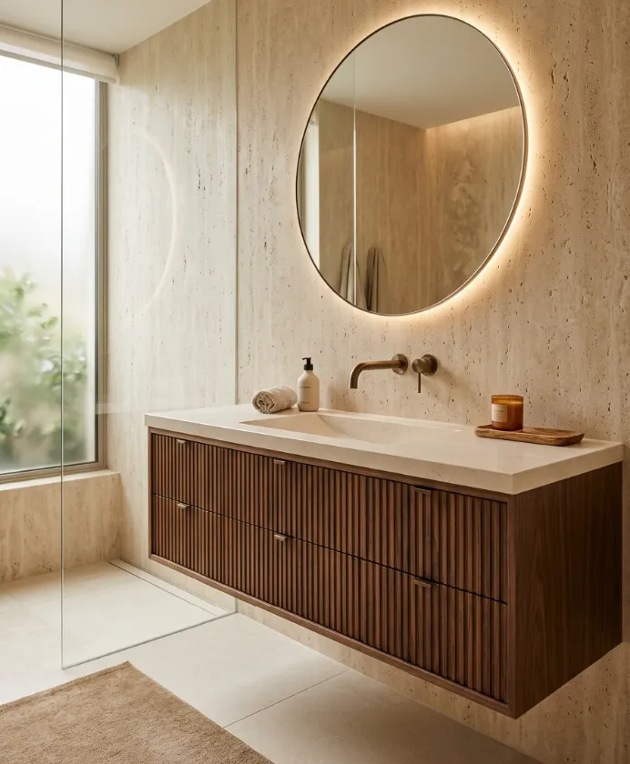 Floating fluted walnut vanity with round backlit mirror
