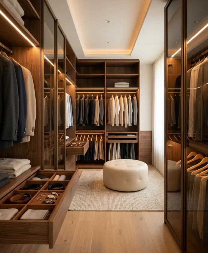 Walk-in wardrobe with glass doors and walnut drawers