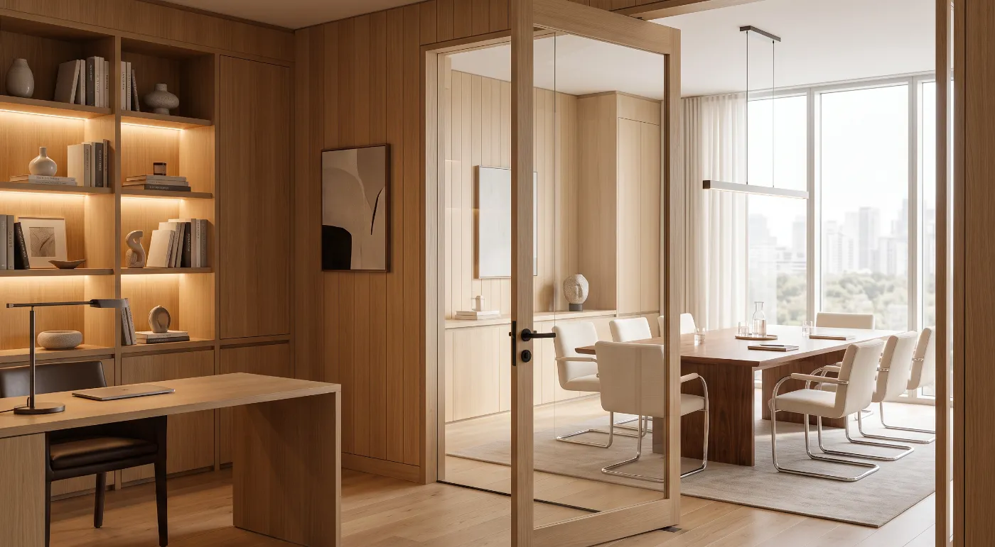 Executive office with oak storage walls and a glass pivot door