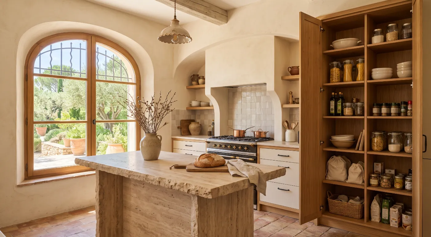 Garden villa kitchen with lacquer and oak cabinets and a tall pantry