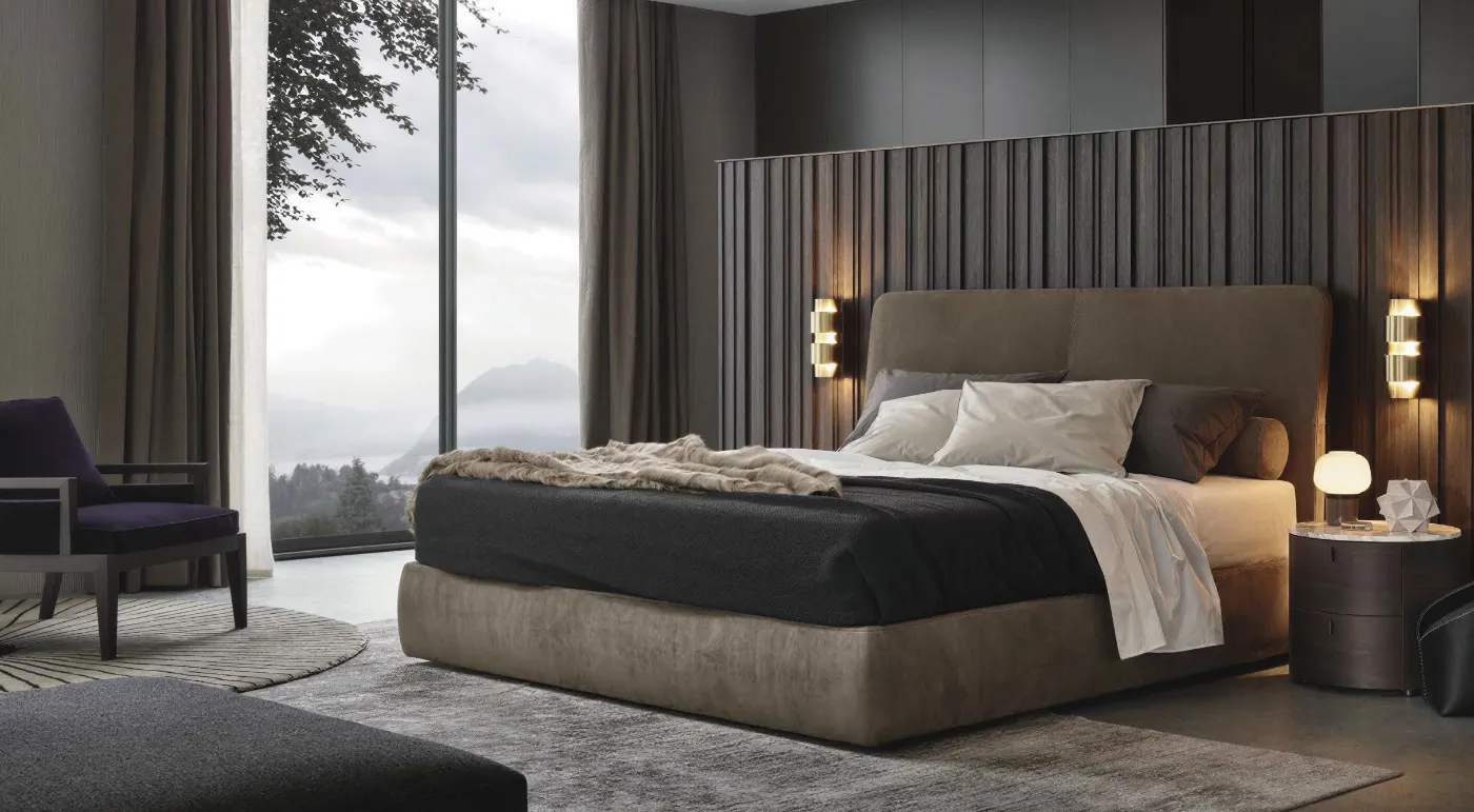 Sky Residence master suite with wall panelling, concealed door and fitted wardrobe