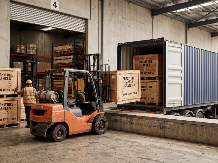 Crates of furniture panels loaded into a shipping container