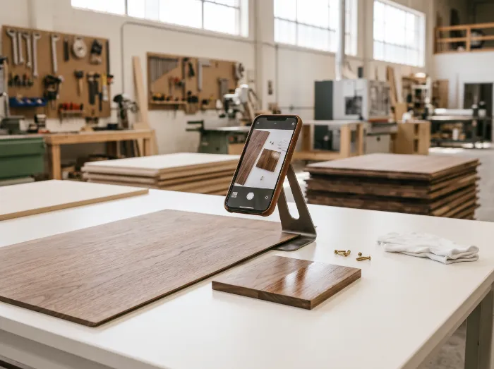 Smartphone photographing a walnut veneer sheet for client approval