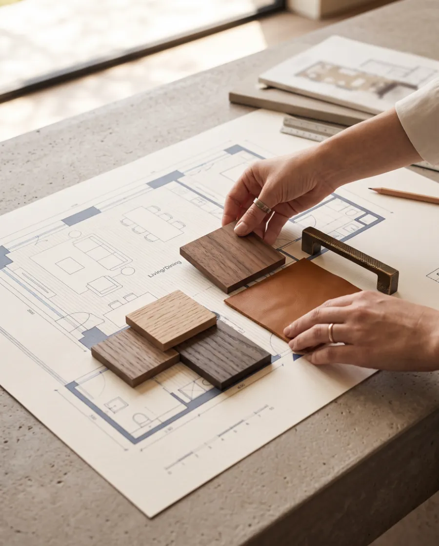Designer placing walnut and oak veneer samples on a printed floor plan
