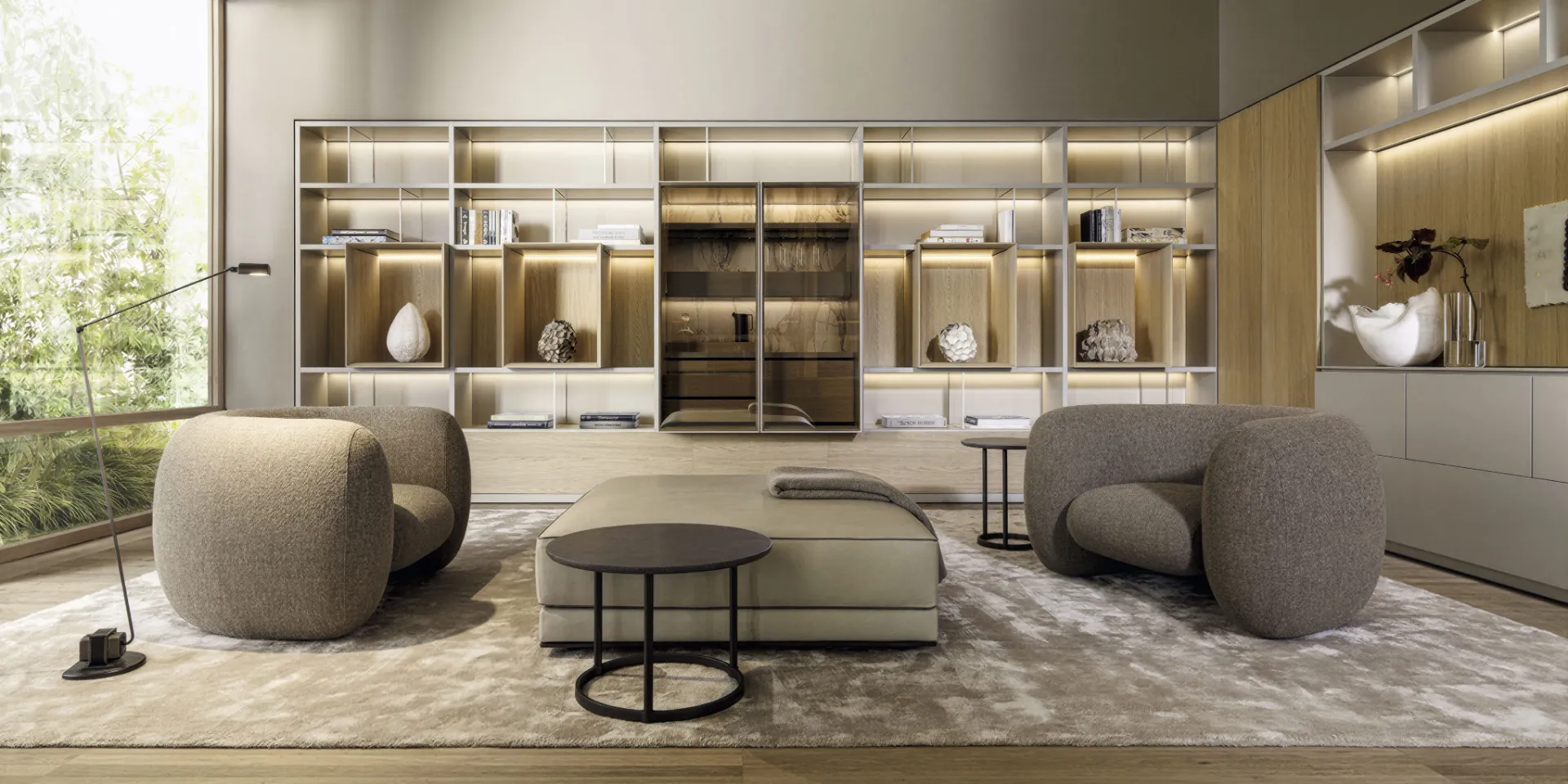 Villa living room with built-in shelving and timber wall panels